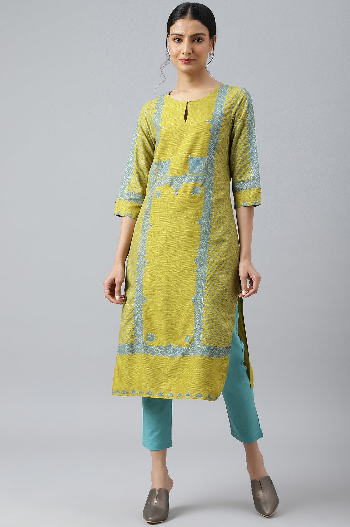 Green Placement Print Embellished kurta