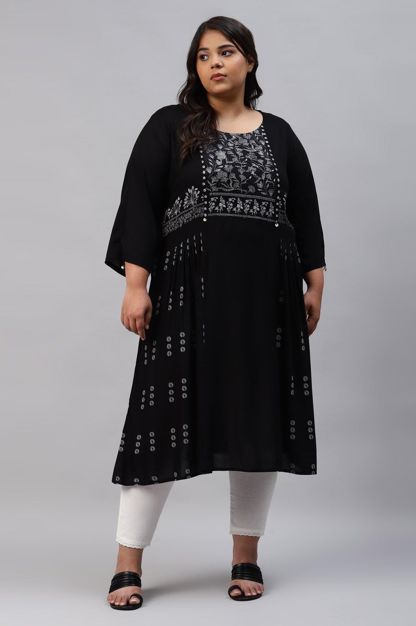 Plus Size Black Floral Side Pleated kurta In Round Neck