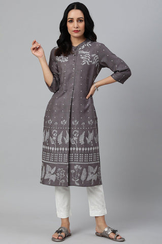 Tornado Grey Printed kurta In Half Placket