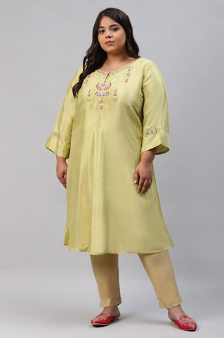 Plus Size Green Embroidered A-Line kurta