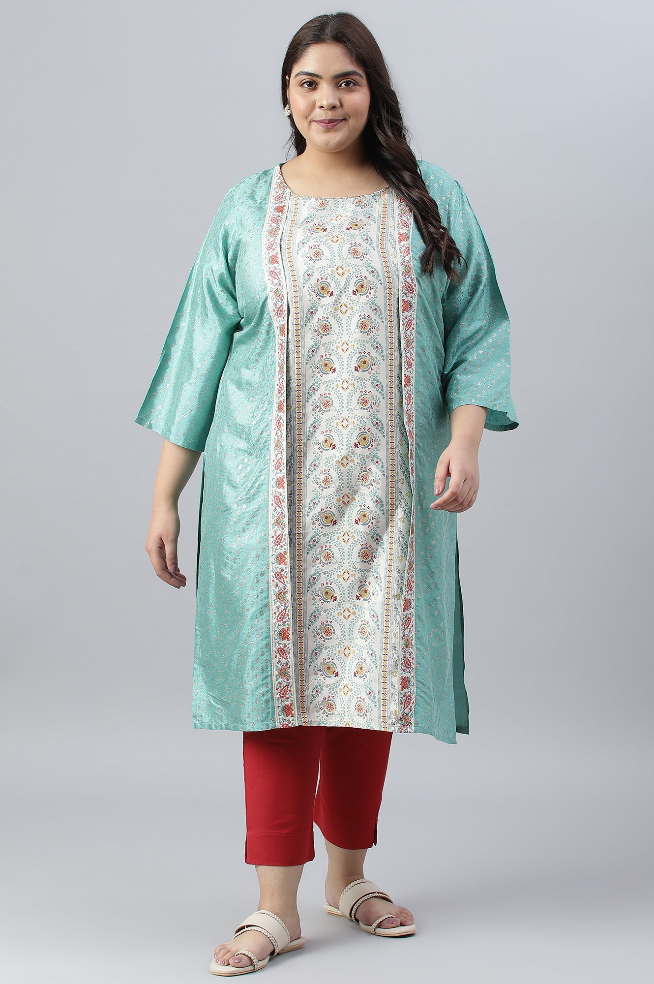 Green And Ecru Mock Layered Printed Plus Size kurta