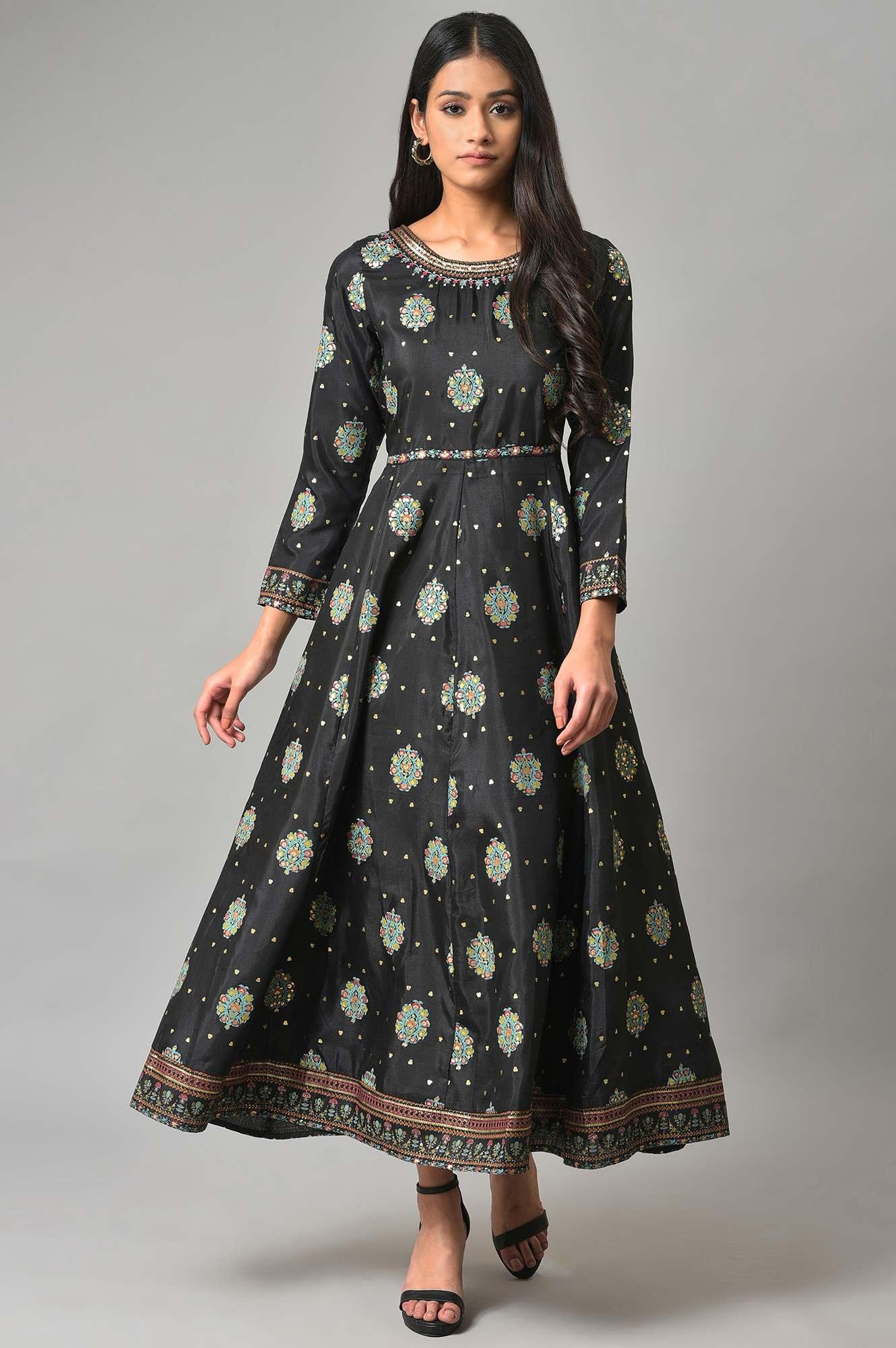 Jet Black Printed Kalidar Embroidered Dress