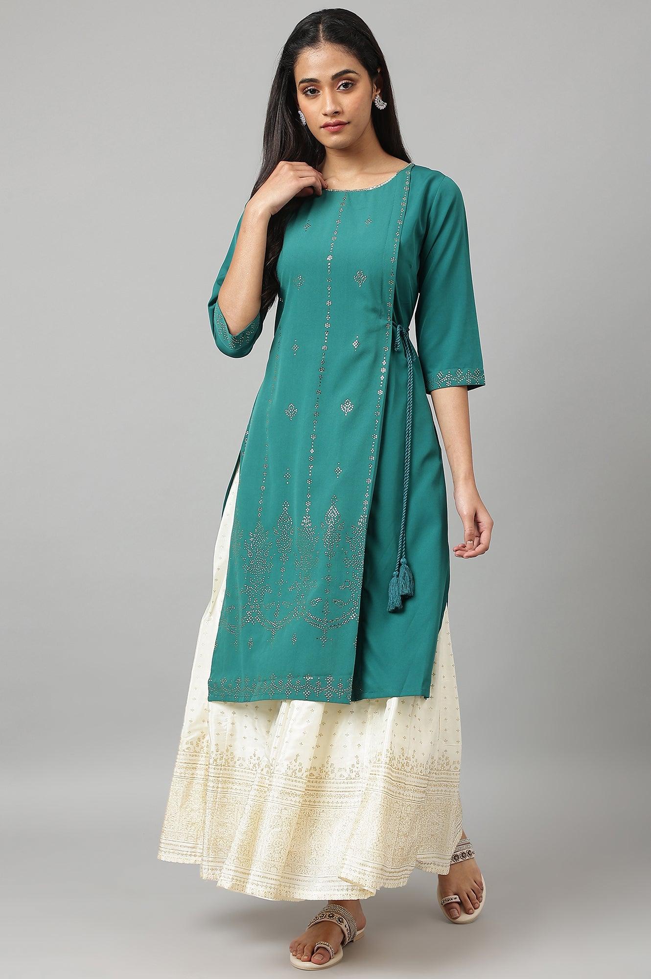 Green Mukaish Printed Layered kurta