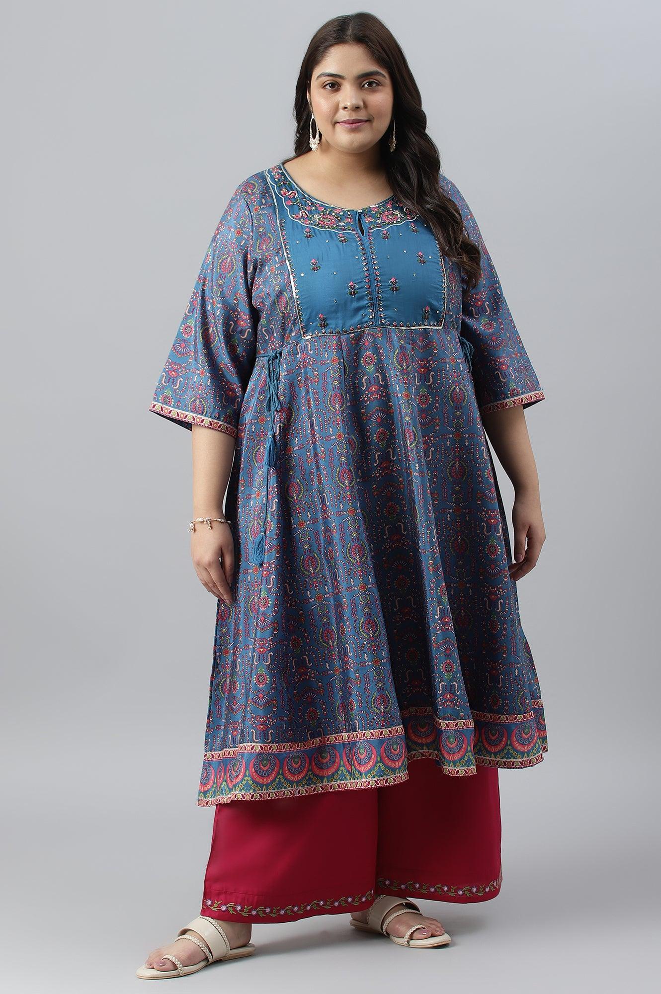 Deep Blue Printed And Embroidered Plus Size kurta