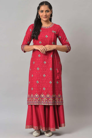 Fuchsia Pink Floral Printed kurta With Sequins