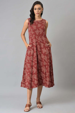 Dark Red Floral Printed Sleeveless Western Dress