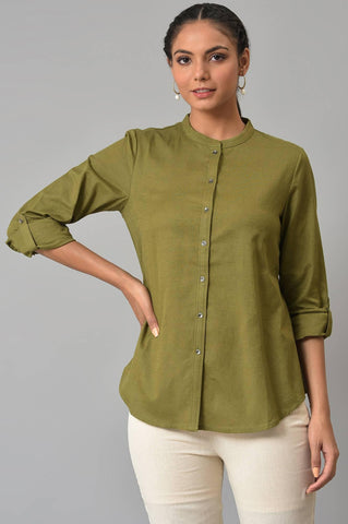 Olive Green Cotton Flax Button Down Top