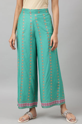 Green Rayon Printed Parallel Pants