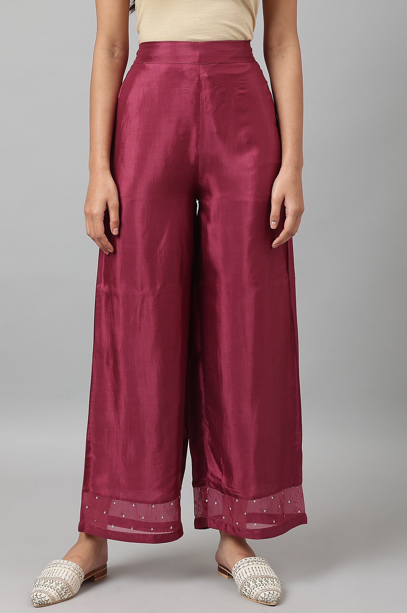 Purple Shantung Straight Parallel Pants