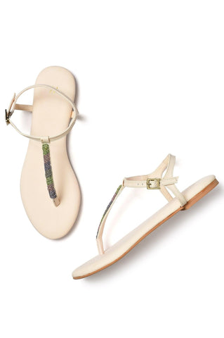 W Embroidered Ecru Almond Toe Flat