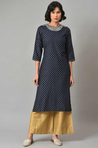 Navy Blue Embroidered kurta With Golden Parallel Pants