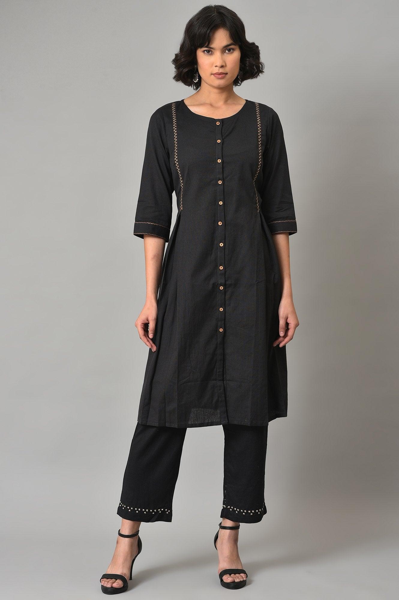 Black A-Line Box Pleated kurta With Straight Pants