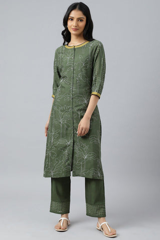 Dark Green A-Line Gathered kurta With Straight Pants