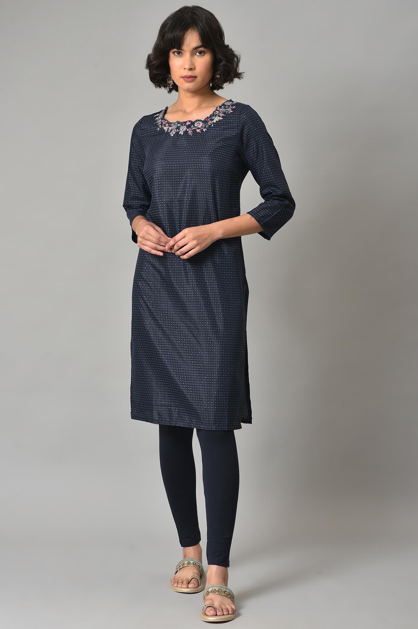 Dark Blue Embroidered kurta With Tights