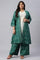 Green Plus Size Printed Gillet With Off-White kurta And Green Parallel Pants Set