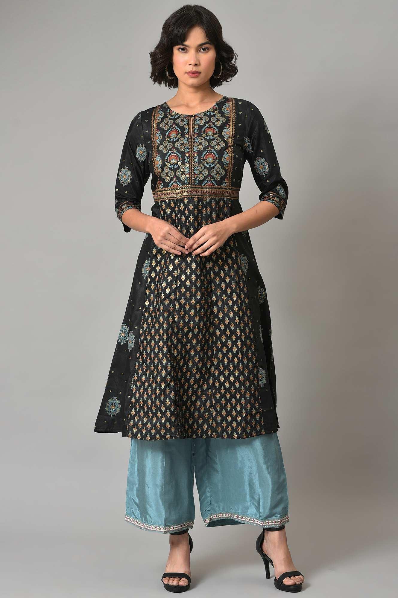 Black A-Line Panelled kurta With Blue Parallel Pants