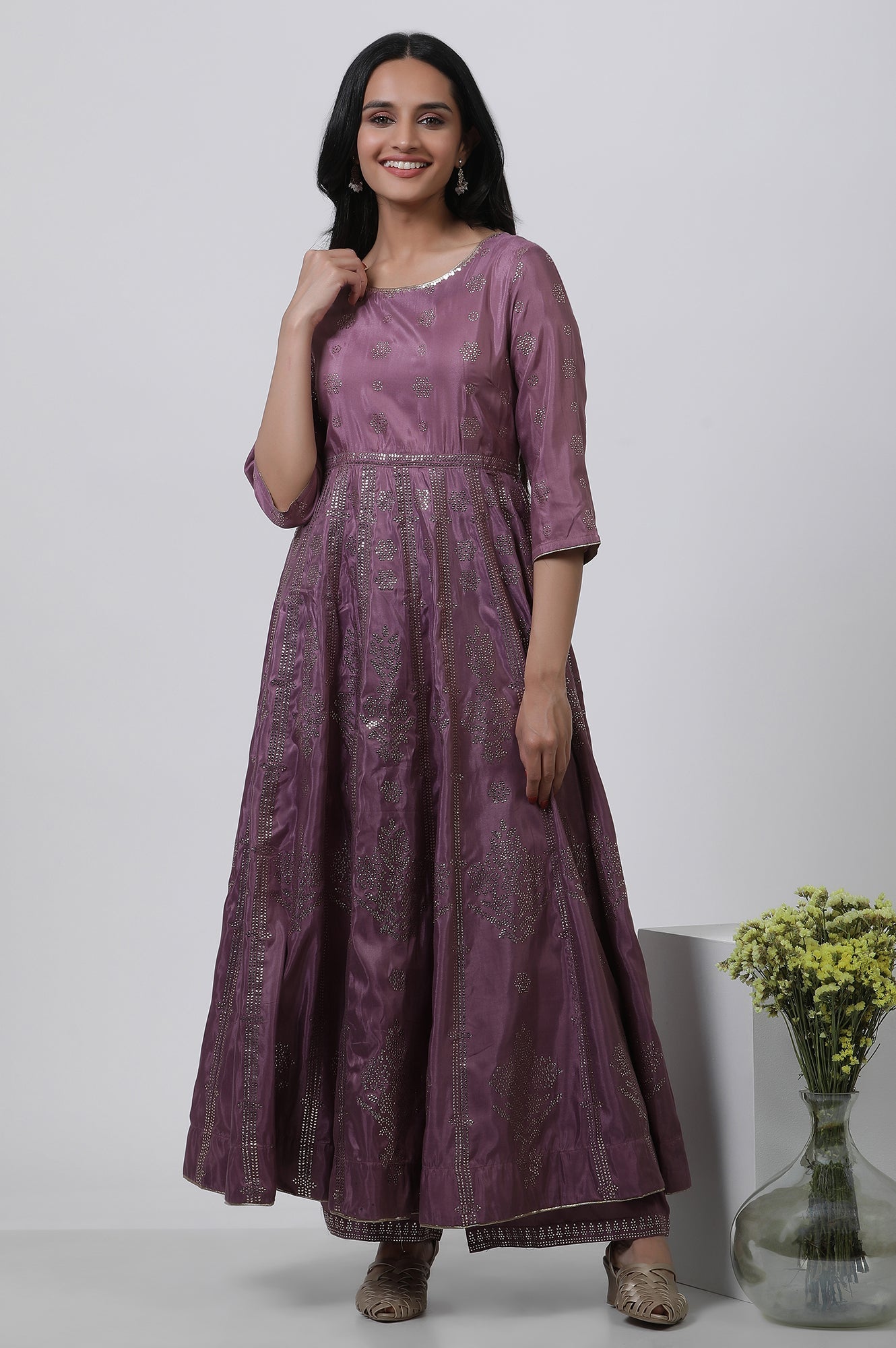 Purple Panelled Kalidar Dress And Pants Set