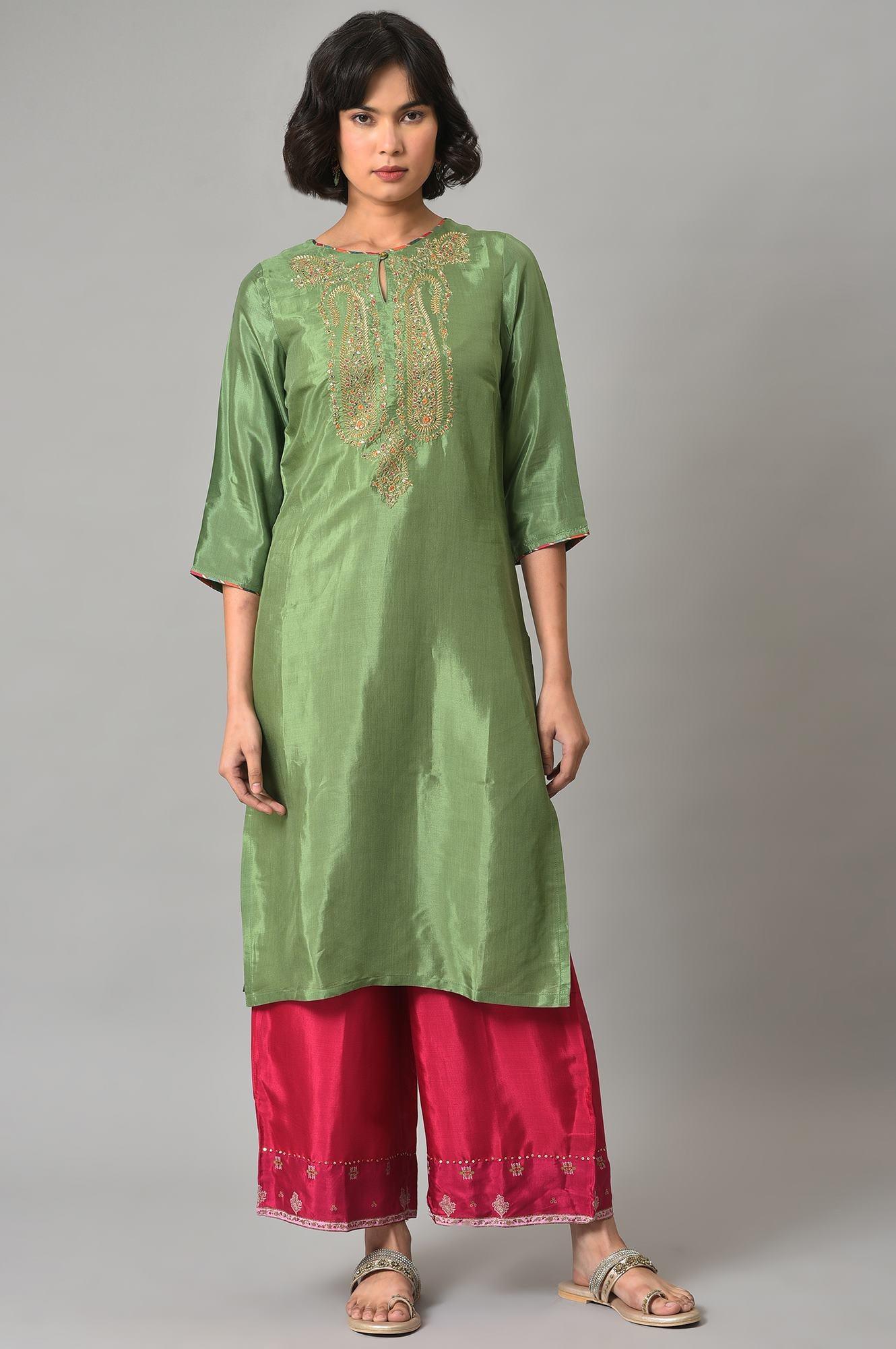 Dark Green Embroidered Festive kurta With Pink Parallel Pants