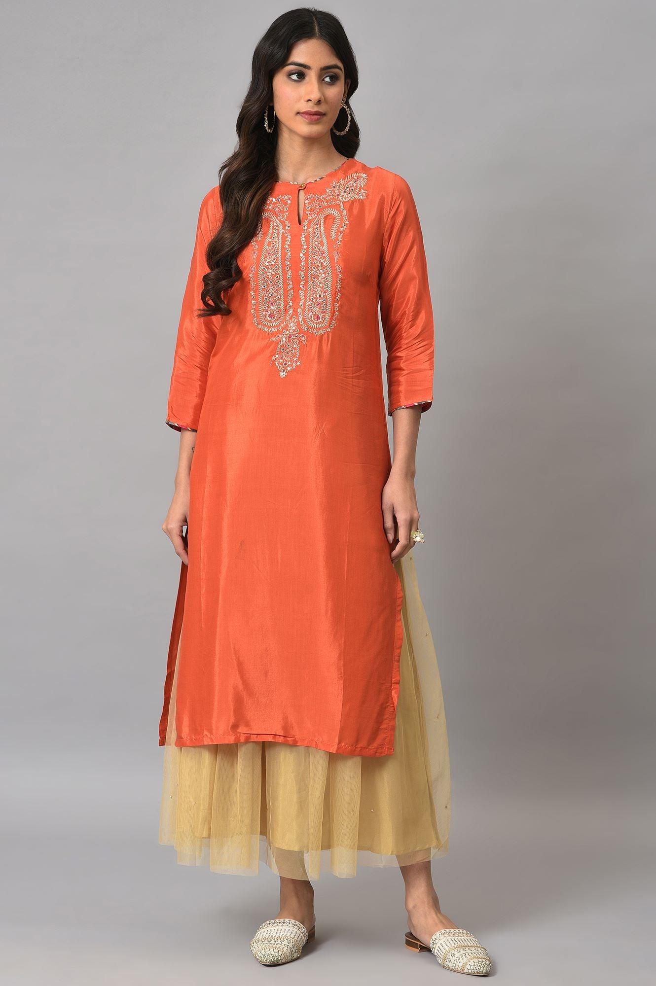 Orange Embroidered Festive kurta With Golden Mesh Skirt