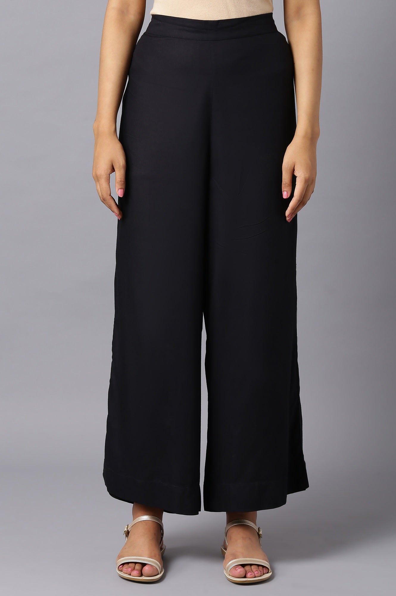 Black Solid Wide Leg Woven Palazzo With Elasticated Waistband