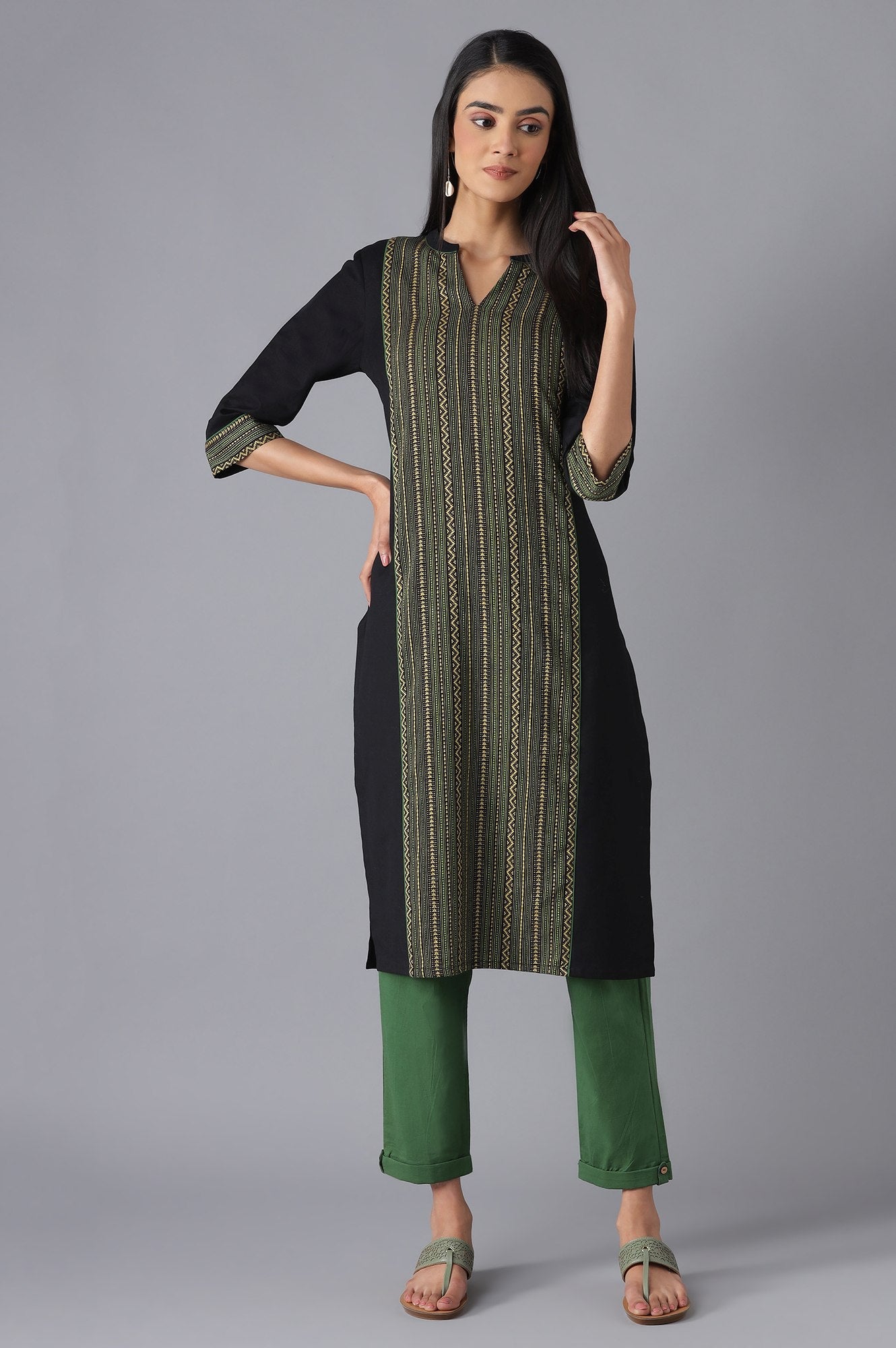 Black Cotton kurta and Green Trousers Set