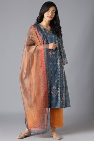 Teal Mock Layer kurta, Orange Parallel Pants And Dupatta Set