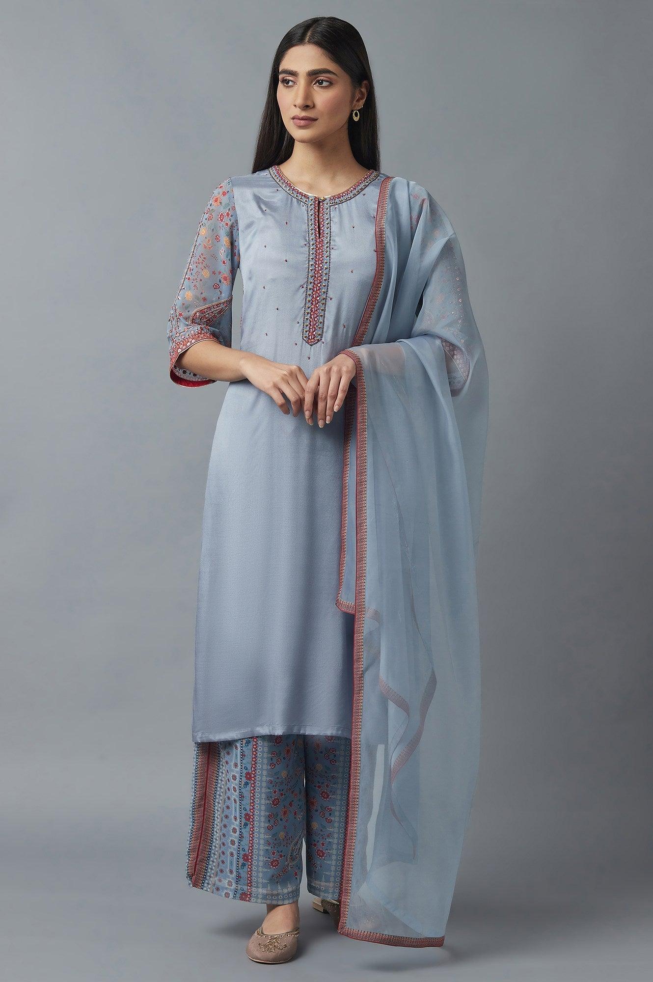 Sky Blue kurta, Parallel Pants and Dupatta Set