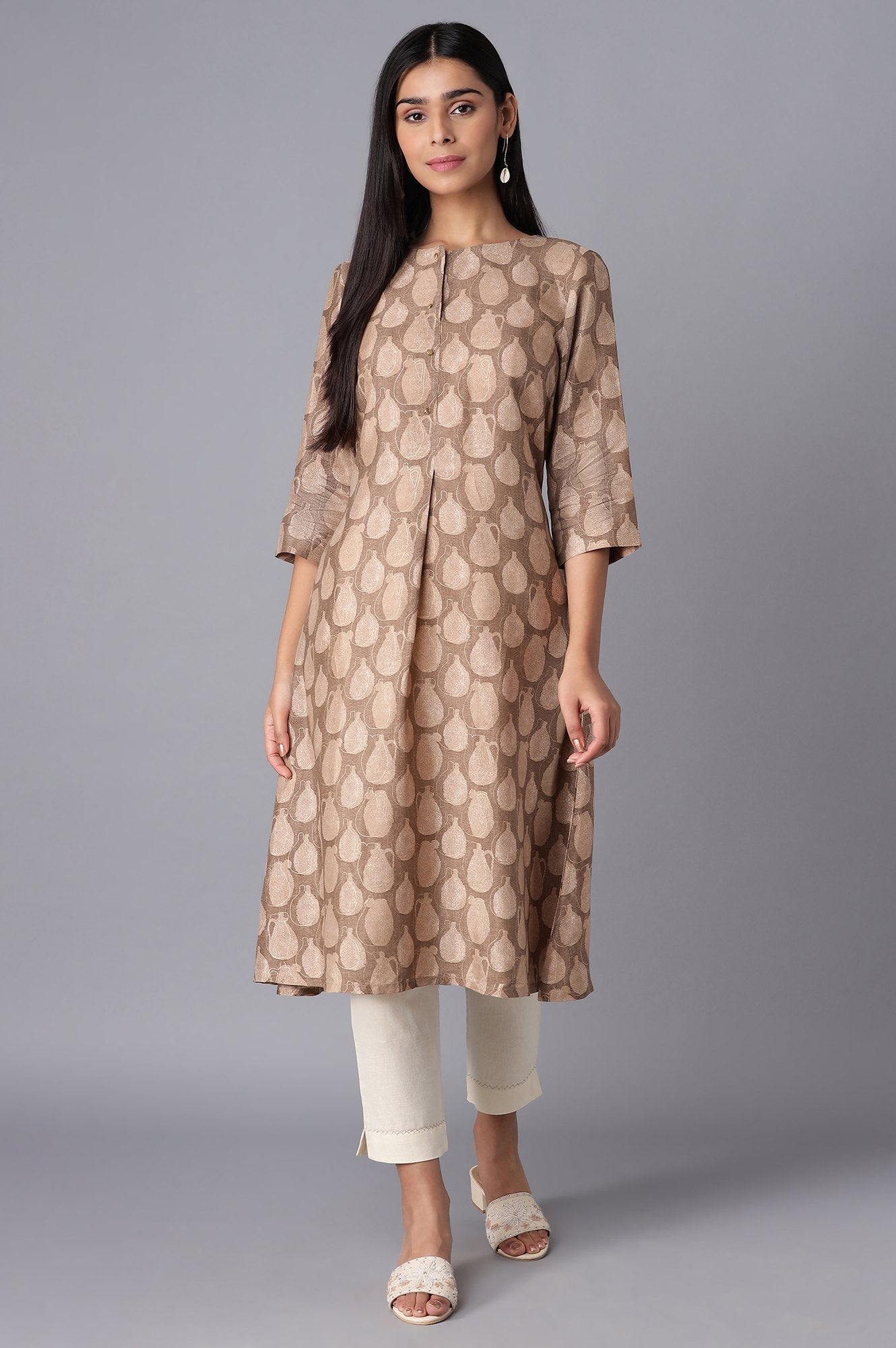 Woodsmoke Brown Printed kurta