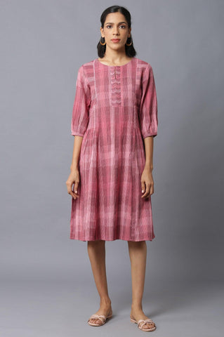 Dark Pink Ikkat Smoking Dress In Round Neck