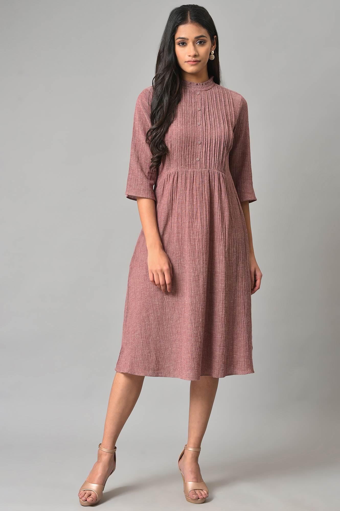 Dark Pink A-Line Cotton Dress With Pintucks