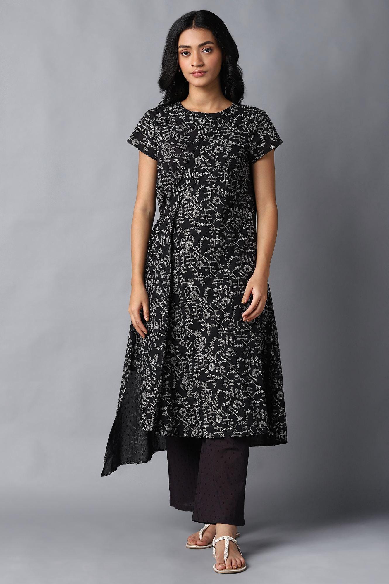 Black Angrakha Cotton kurta In Round Neck