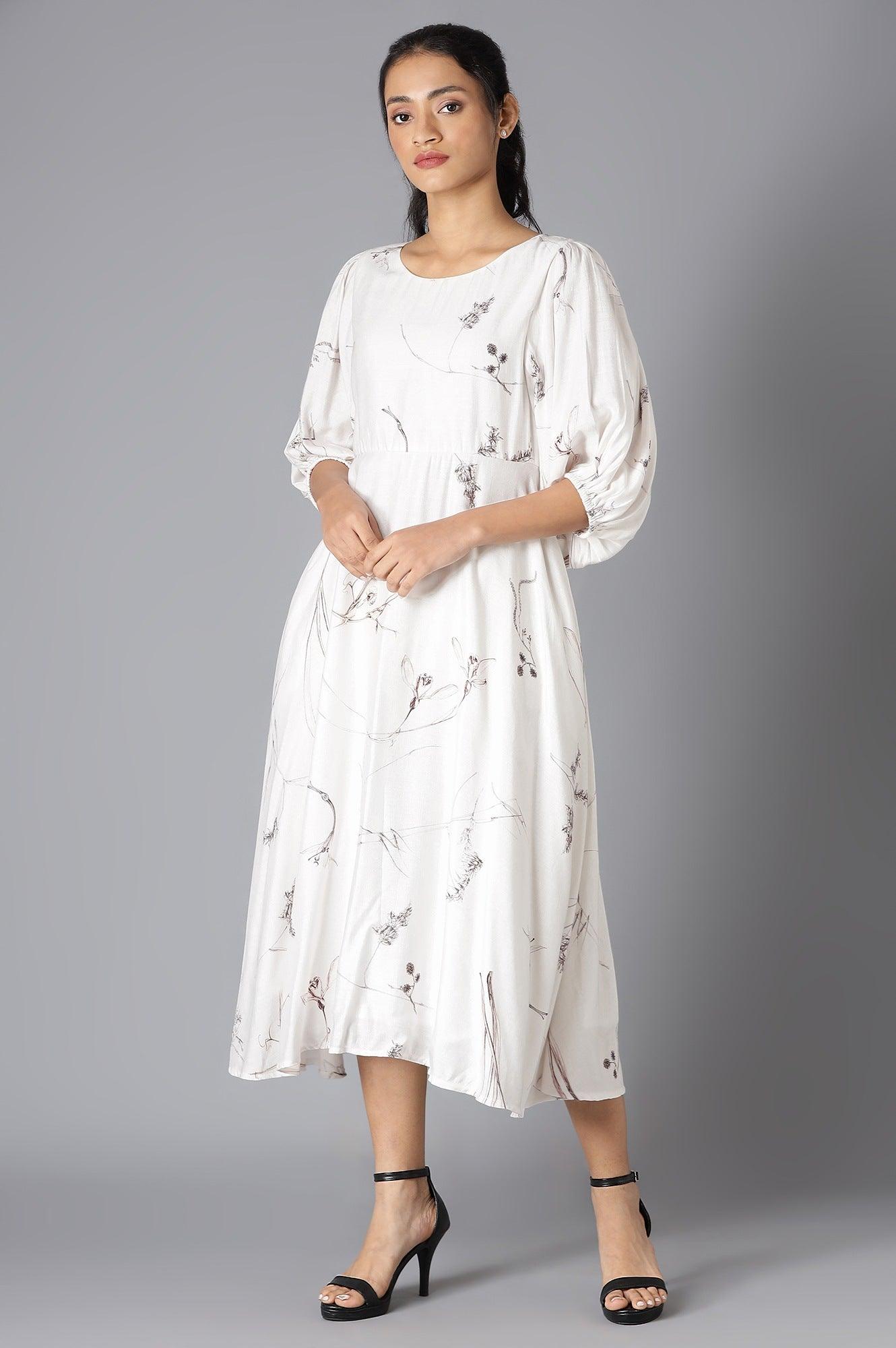 Beige Gathered Sleeves Western Dress