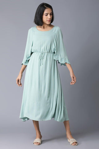 Teal Flutter Sleeve Dress With Waist Belt