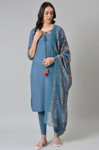 Deep Teal Fusion Embroidered kurta With Knitted Tights And Printed Dupatta