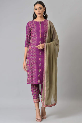 Dark Purple Round Neck kurta With Floral Straight Pants And Chiffon Dupatta