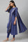 Navy Blue Printed Draped A-Line kurta With Tights