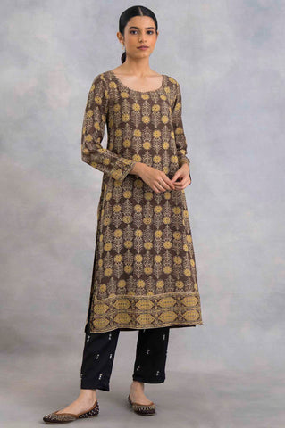 Light Taupe Ajrakh Print Satin kurta