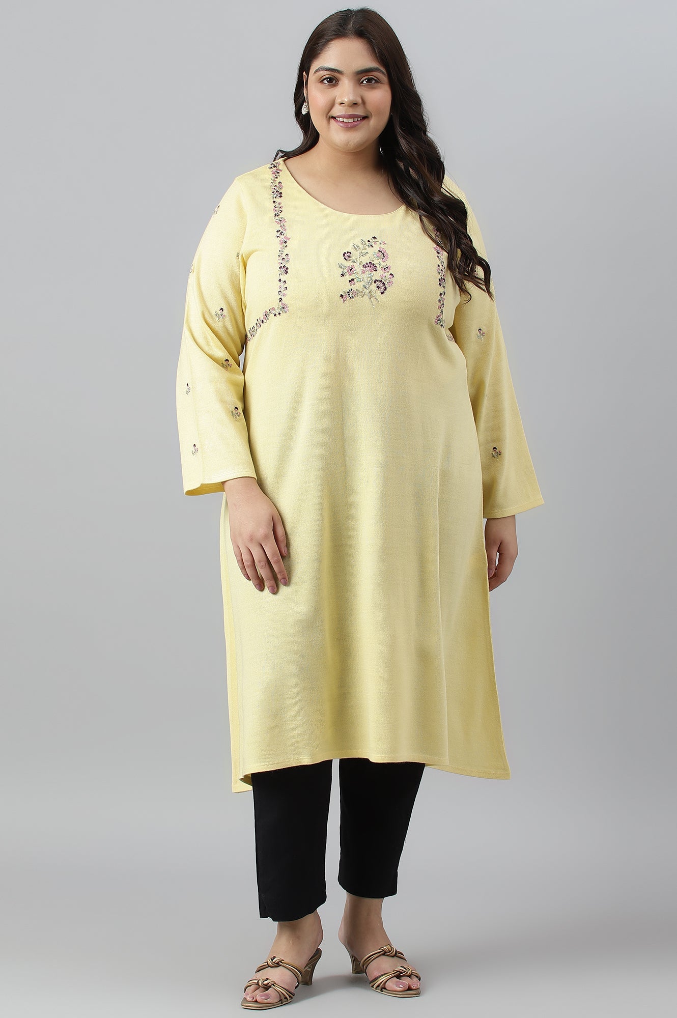 Plus Size Yellow A-Line Winter kurta With Multi-Coloured Embroidery