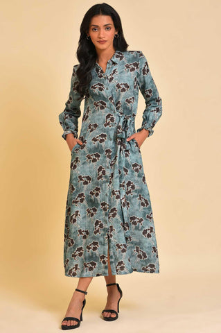 Blue Floral Printed Western Full Length Dress