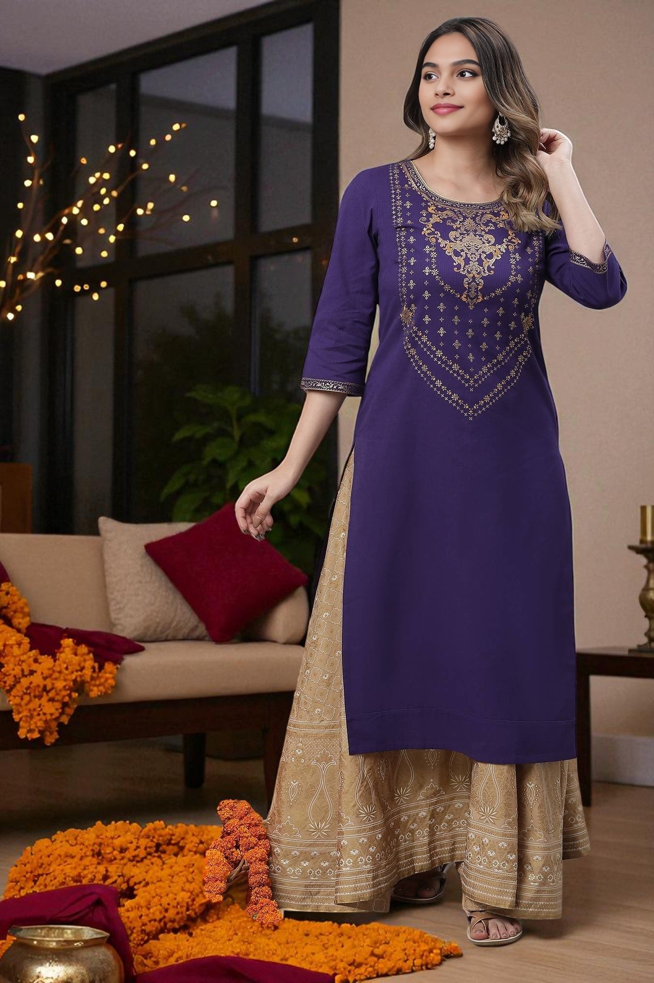 Blue Yoke Foil Printed Festive Kurta