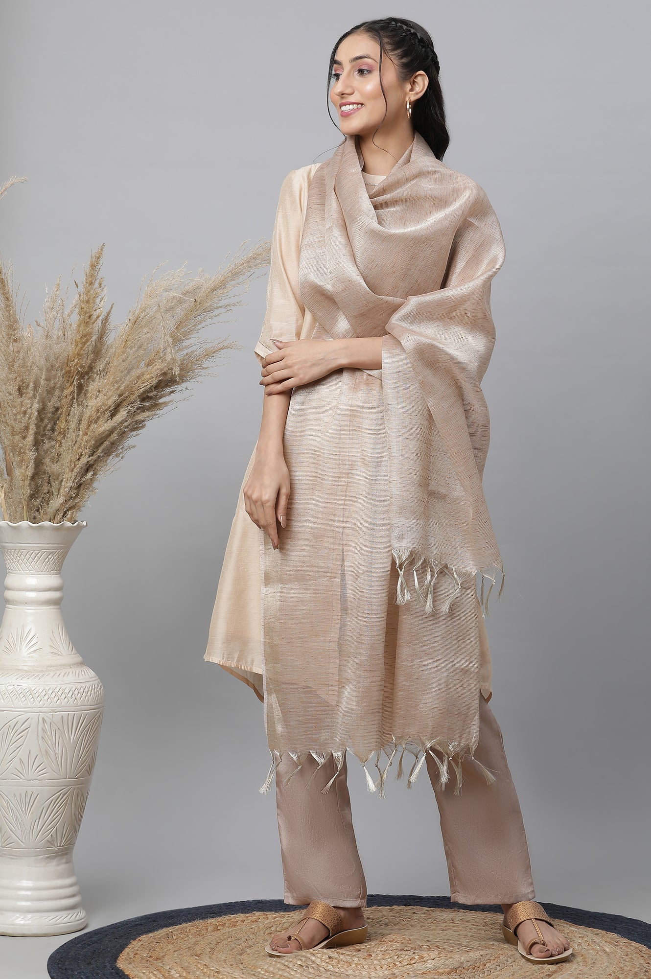 Beige Striped Banarasi Woven Dupatta