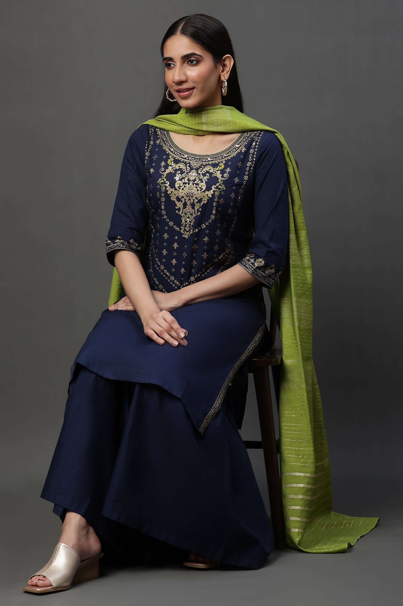 Blue Embellished Short Kurta, Sharara and Dupatta Set