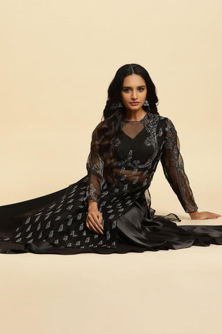 Black Zari Embroidered Sheer Kurta And Skirt Set