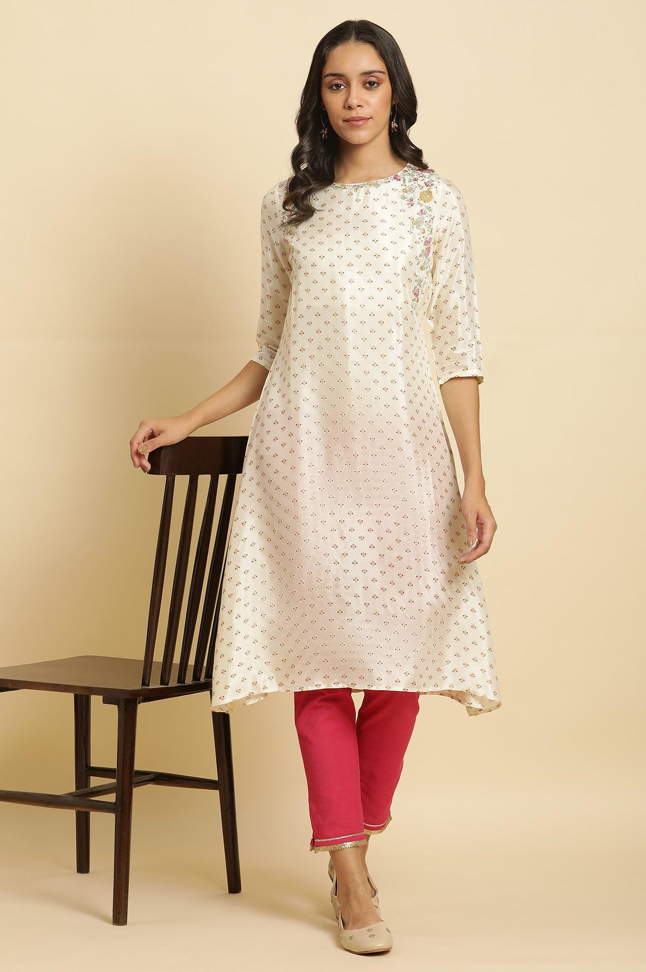 Ecru A-Line Embroidered Festive Kurta