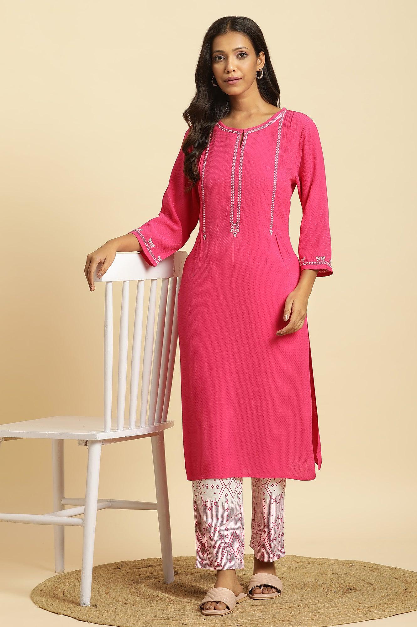 Pink Embroidered Textured Dobby Kurta