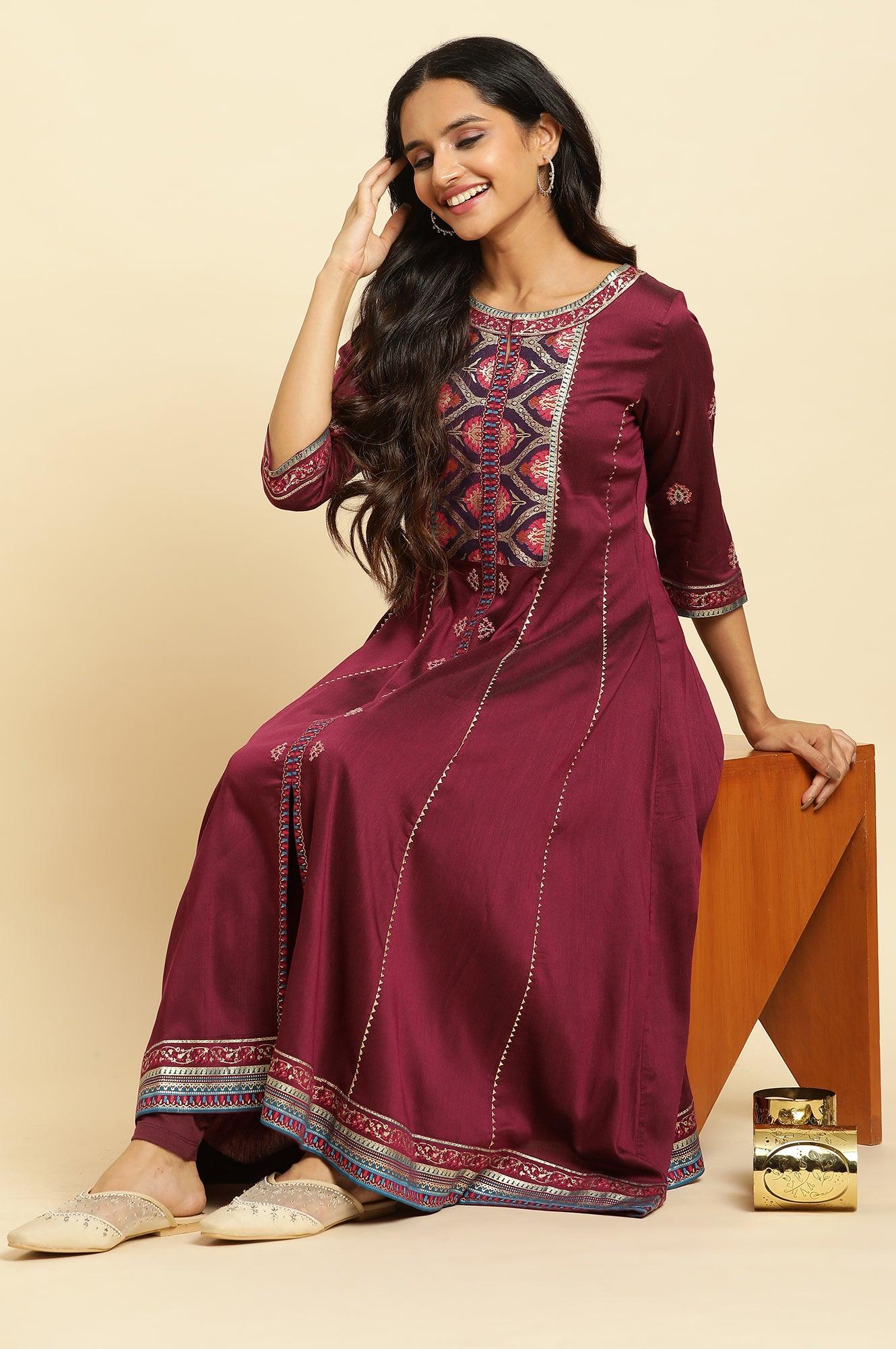 Purple Embroidered Flared Kurta