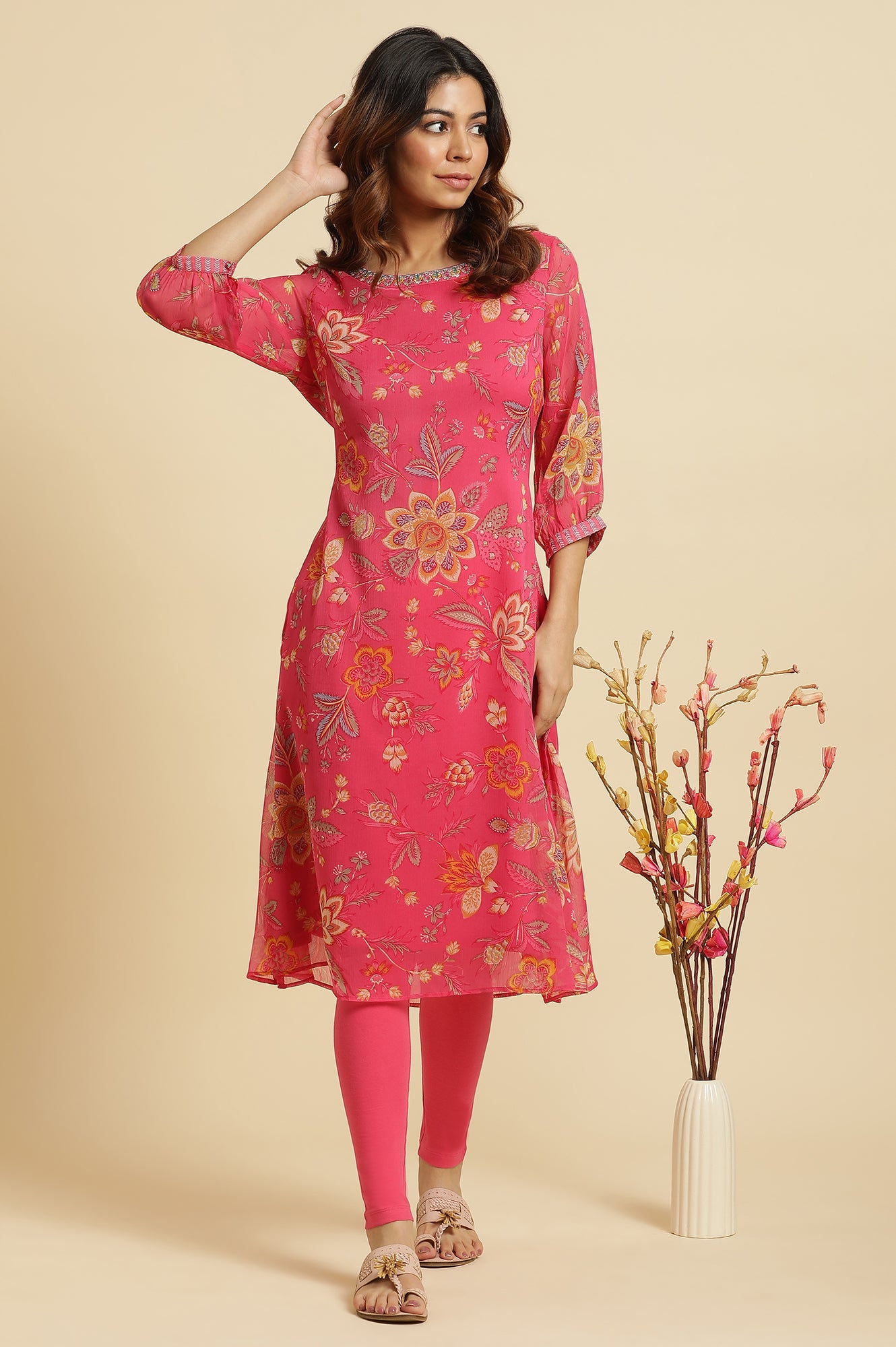 Pink Chiffon Printed Kurta with Multi-coloured Floral Embroidery