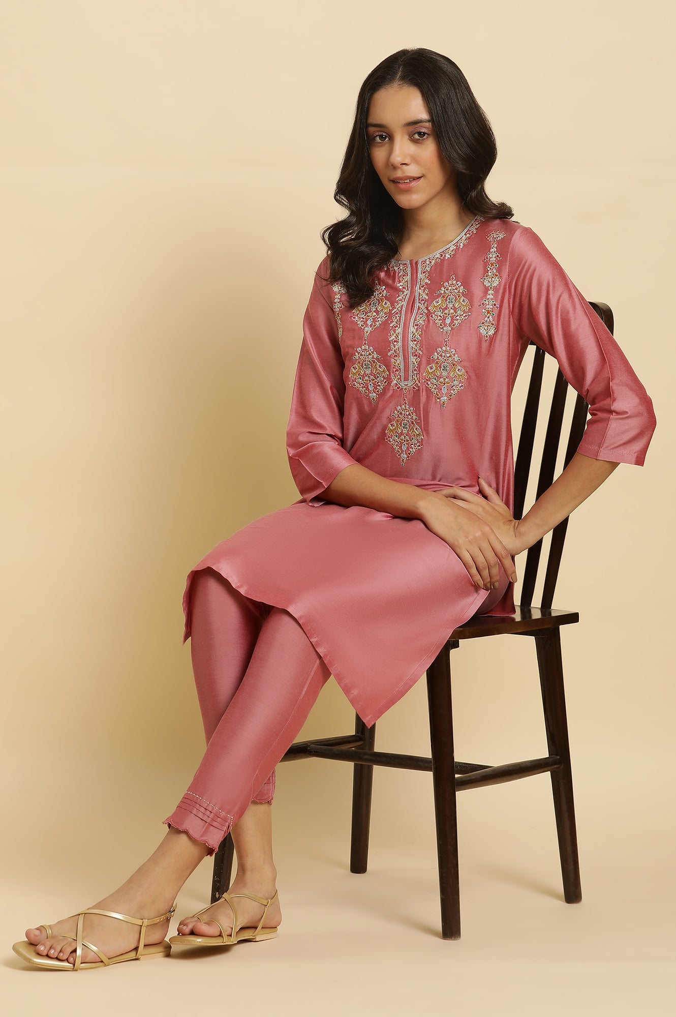 Pink Embroidered Relaxed Fit Kurta