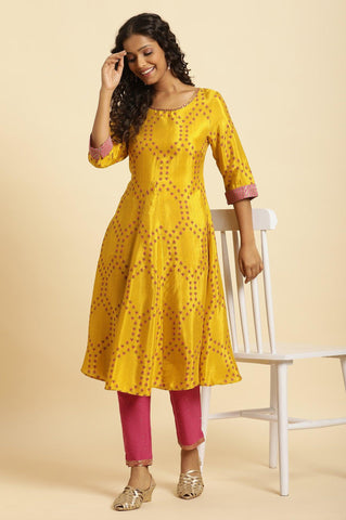 Yellow Geometric Printed A-Line Kurta