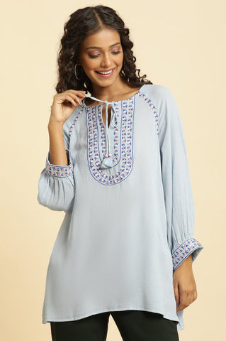 Powder Blue Top With Embroidered Yoke